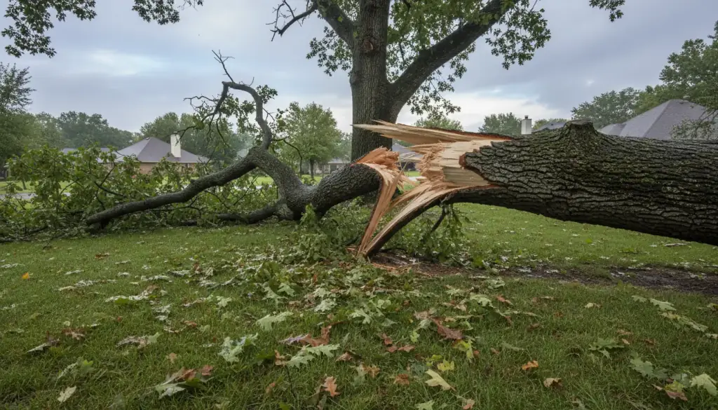 An oak limb snapped off in a storm, splintered wood at the break, lying across a wet lawn