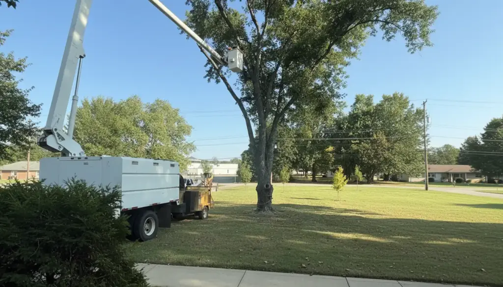 Aerial lift bucket raised into the crown of a mature shade tree over a mown lawn